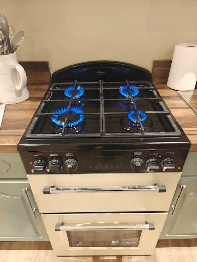 Cream Classic freestanding gas cooker with burners lit, between sage green kitchen units