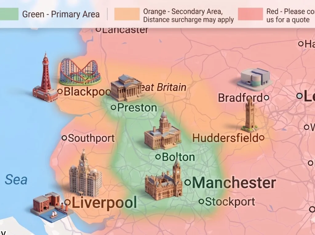NW Cooker Installation service area map covering the North West